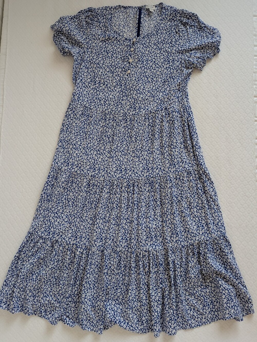 J. Crew Blue White Ditsy Floral Tiered Maxi Dress Short Sleeves, size M Cottage - Picture 12 of 12